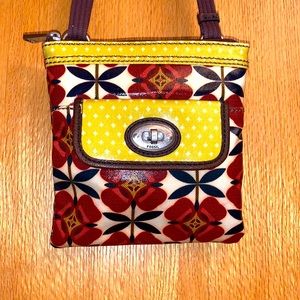 Fossil Floral Print Crossbody Purse Mini Bag coated canvas red ivory yellow EUC